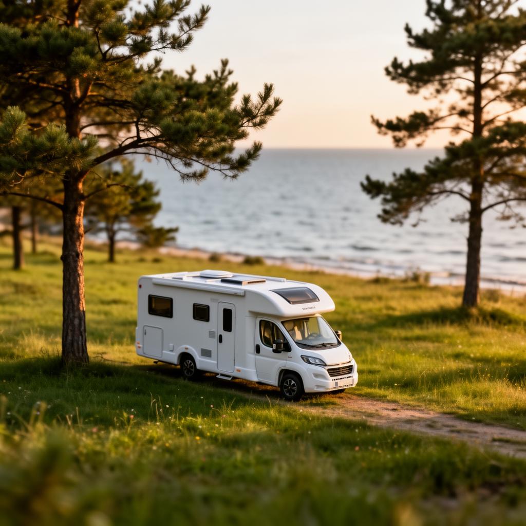 Kleiner Camper am Ostseeufer zwischen Kiefern