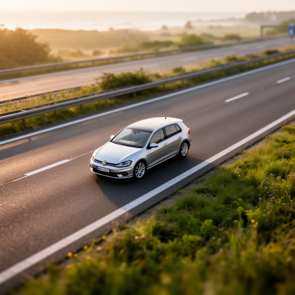Auto auf der A1 in Richtung Ostsee bei warmem Morgenlicht