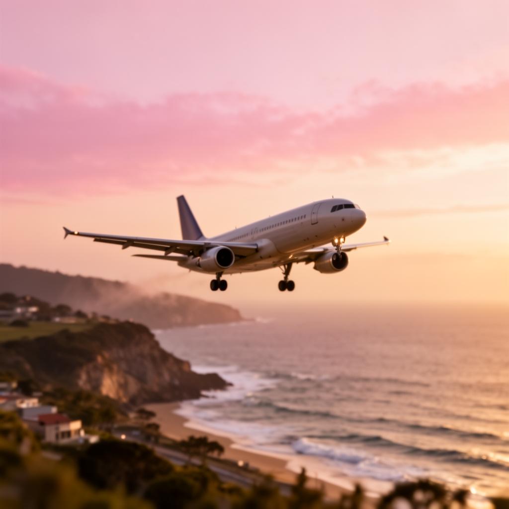 Flugzeug im Landeanflug bei rosa Sonnenuntergang über der Küste